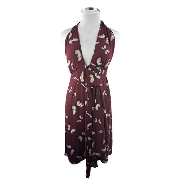 Reformation Johnson Dress Wrap Halter Tie Butterfly Print Burgundy Women's Large - Picture 2 of 15